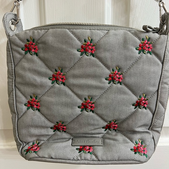 Vera Bradley Carson Hobo Bag in Denim Gray Floral Design, Red And Pink Flowers - Picture 3 of 8